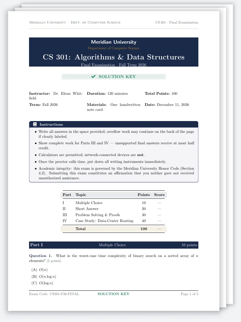 Academic Course Exam & Solution Key LaTeX template, first page preview