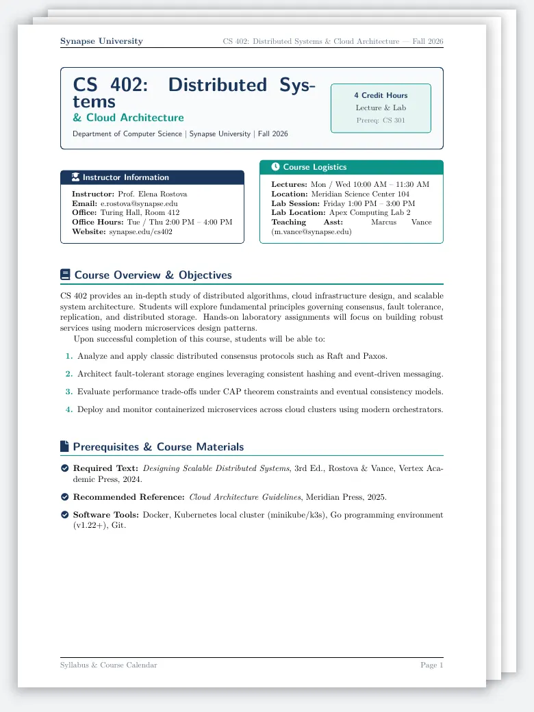University Course Syllabus & Calendar LaTeX template, first page preview