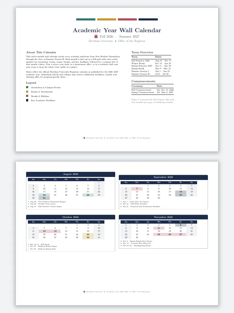 Academic Year Semester Wall Calendar LaTeX template, first page preview