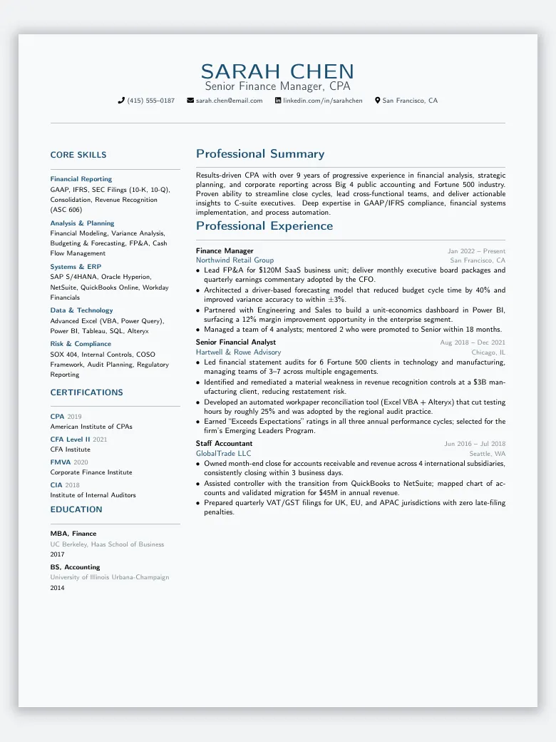 Finance Accounting Resume preview