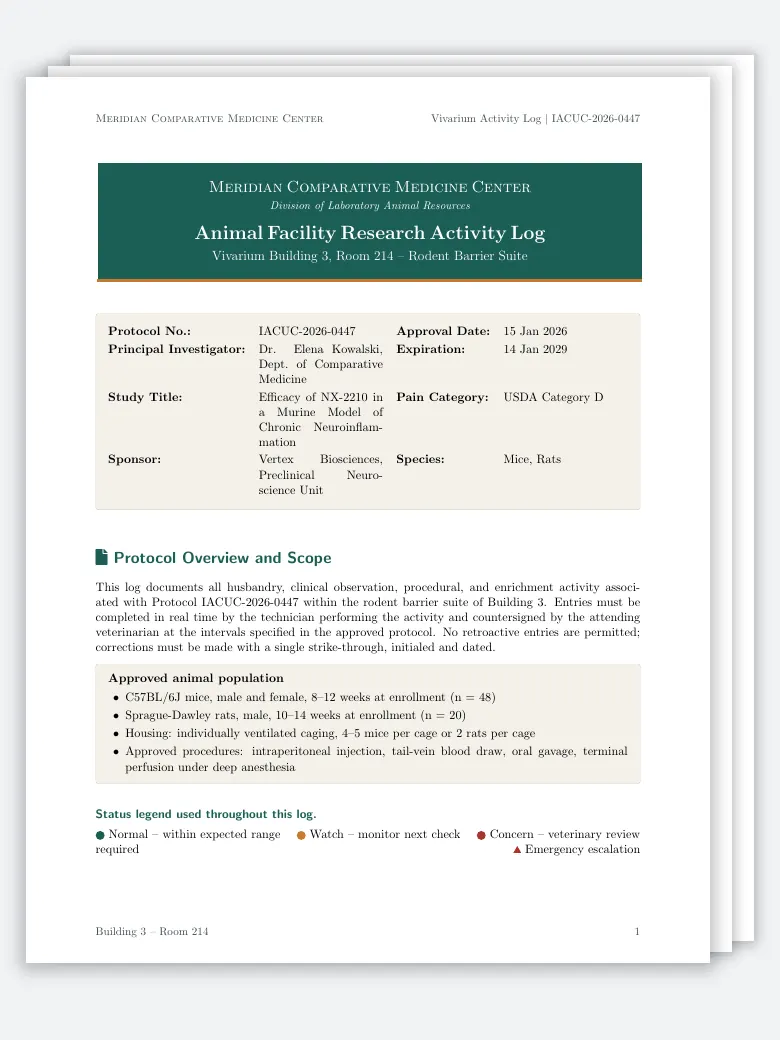 Animal Facility Research Activity Log LaTeX template, first page preview