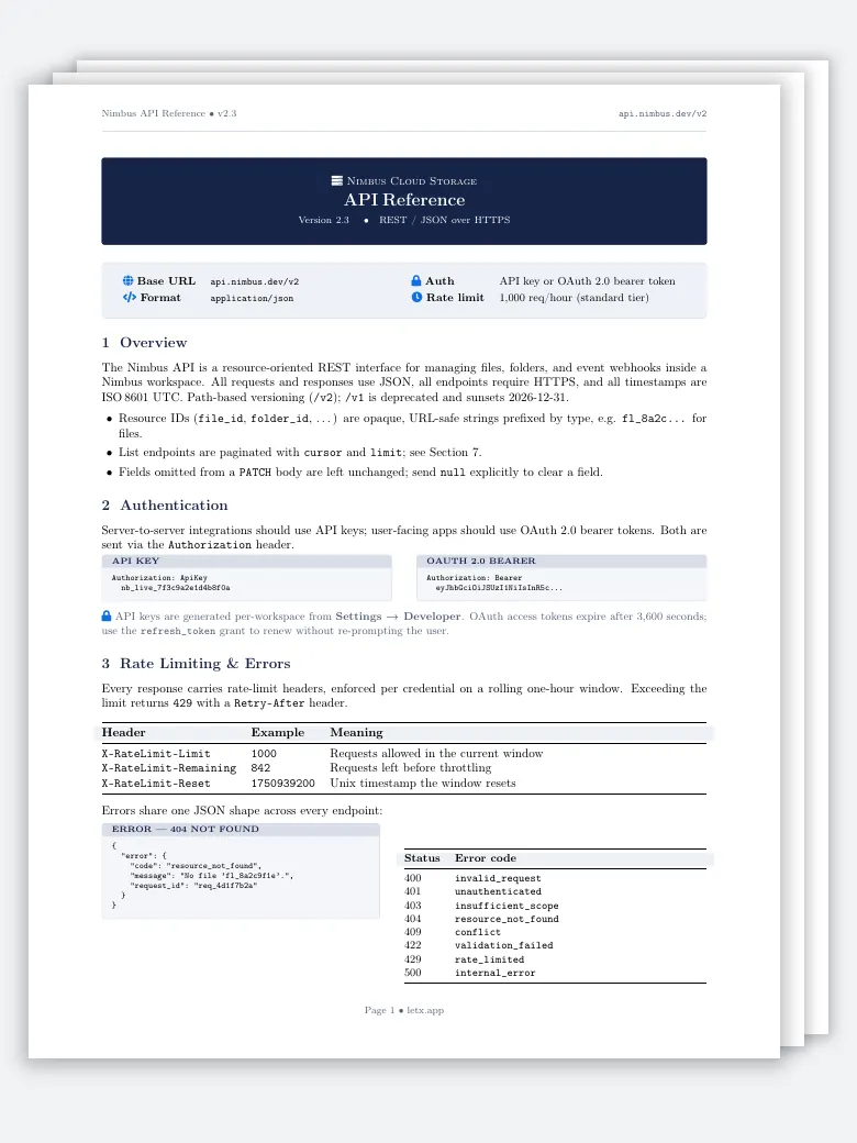 API Documentation (Swagger Style) LaTeX template, first page preview