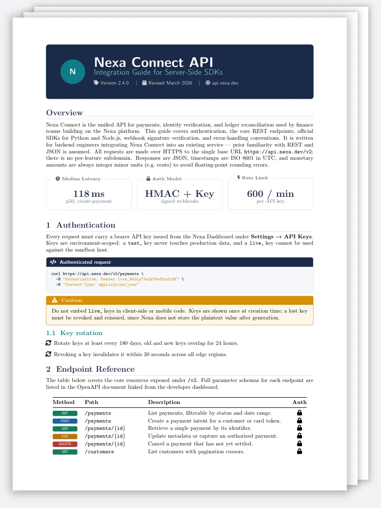 API SDK Integration Guide LaTeX template, first page preview