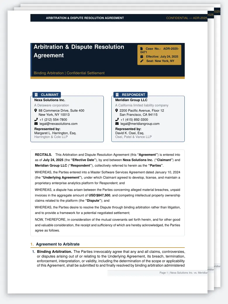 Arbitration & Dispute Resolution Agreement LaTeX template, first page preview