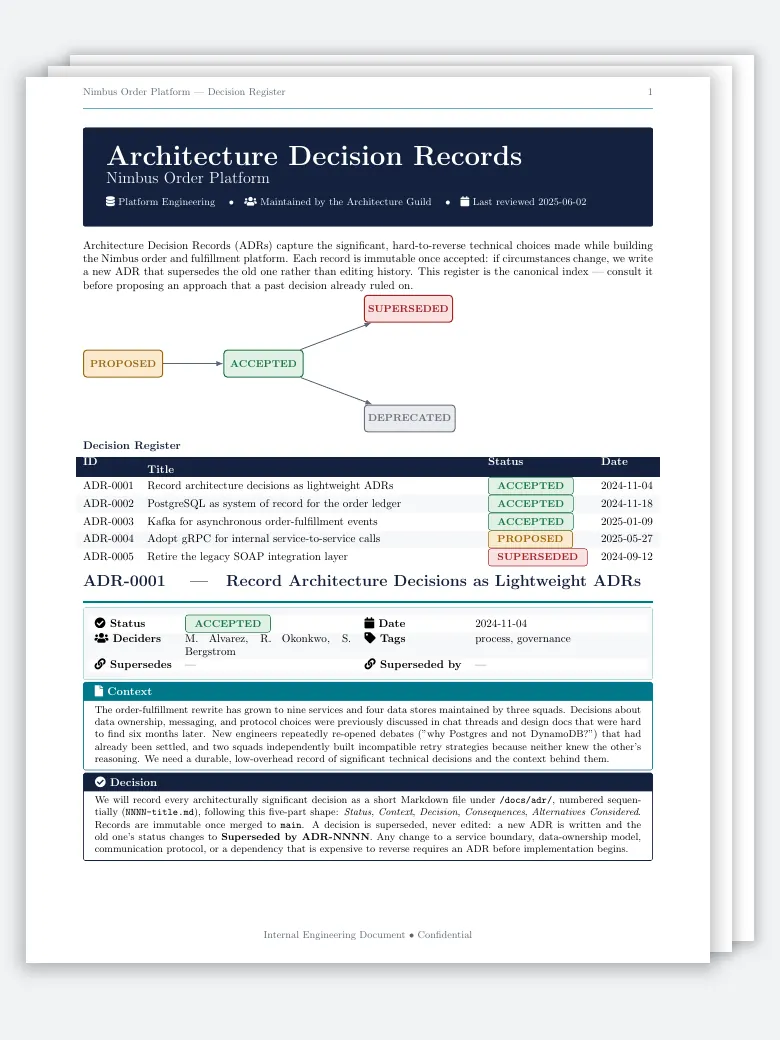 Software Architecture Decision Record (ADR) LaTeX template, first page preview