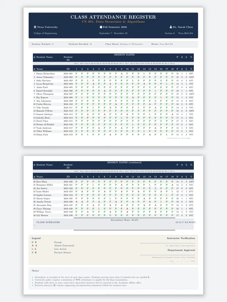 Class Attendance Register LaTeX template, first page preview
