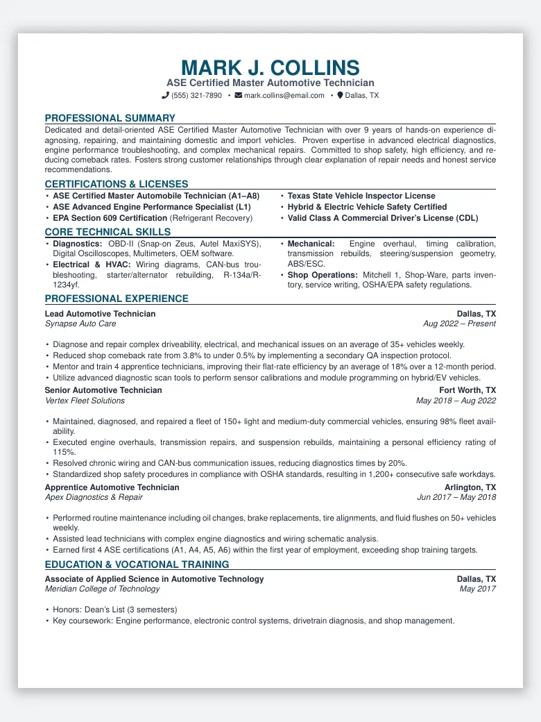 Automotive Technician Resume preview
