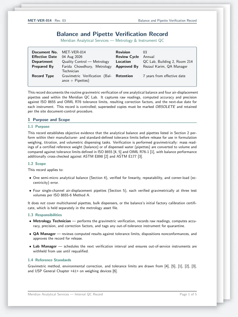 Balance and Pipette Verification Record preview