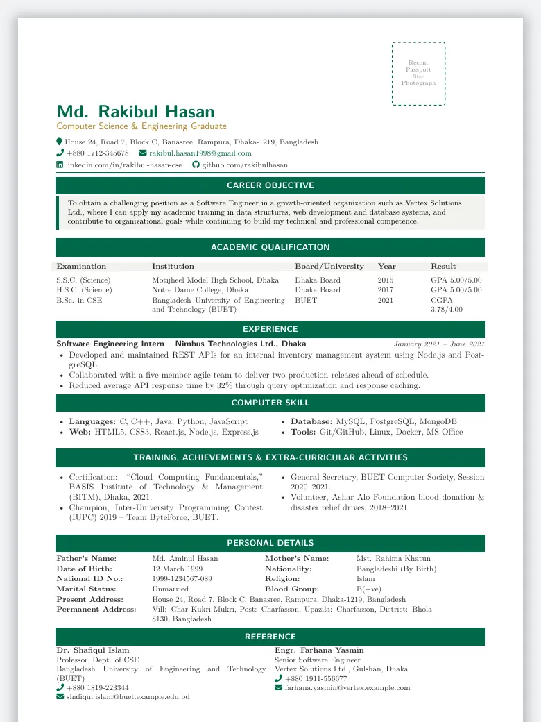 Bangladeshi Standard CV preview