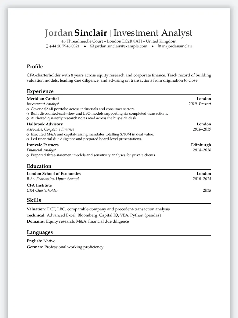 Banking & Finance CV preview
