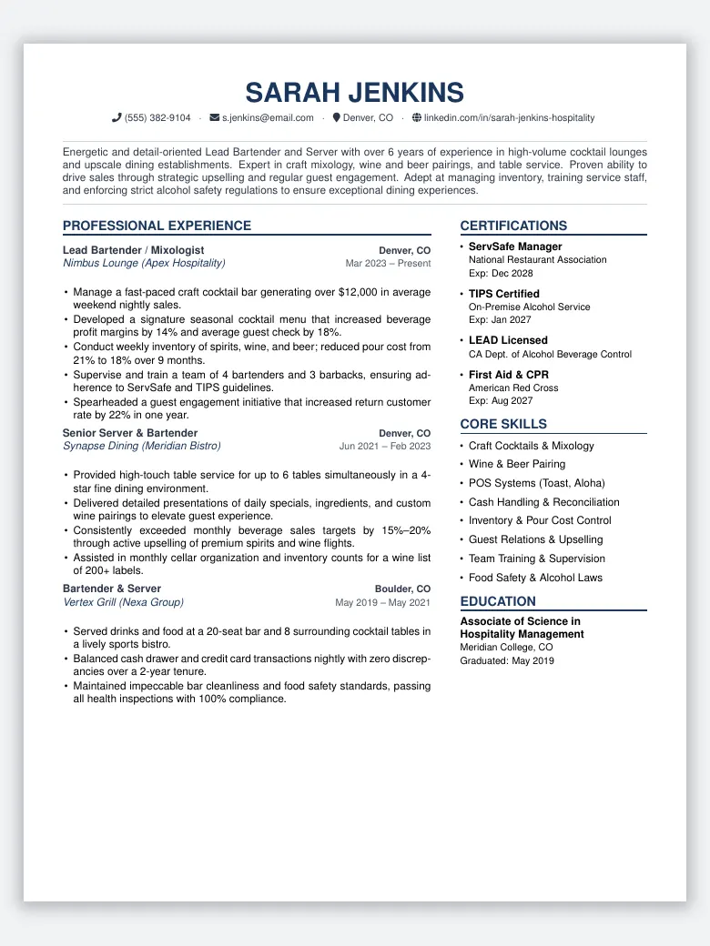 Bartender and Server Resume preview