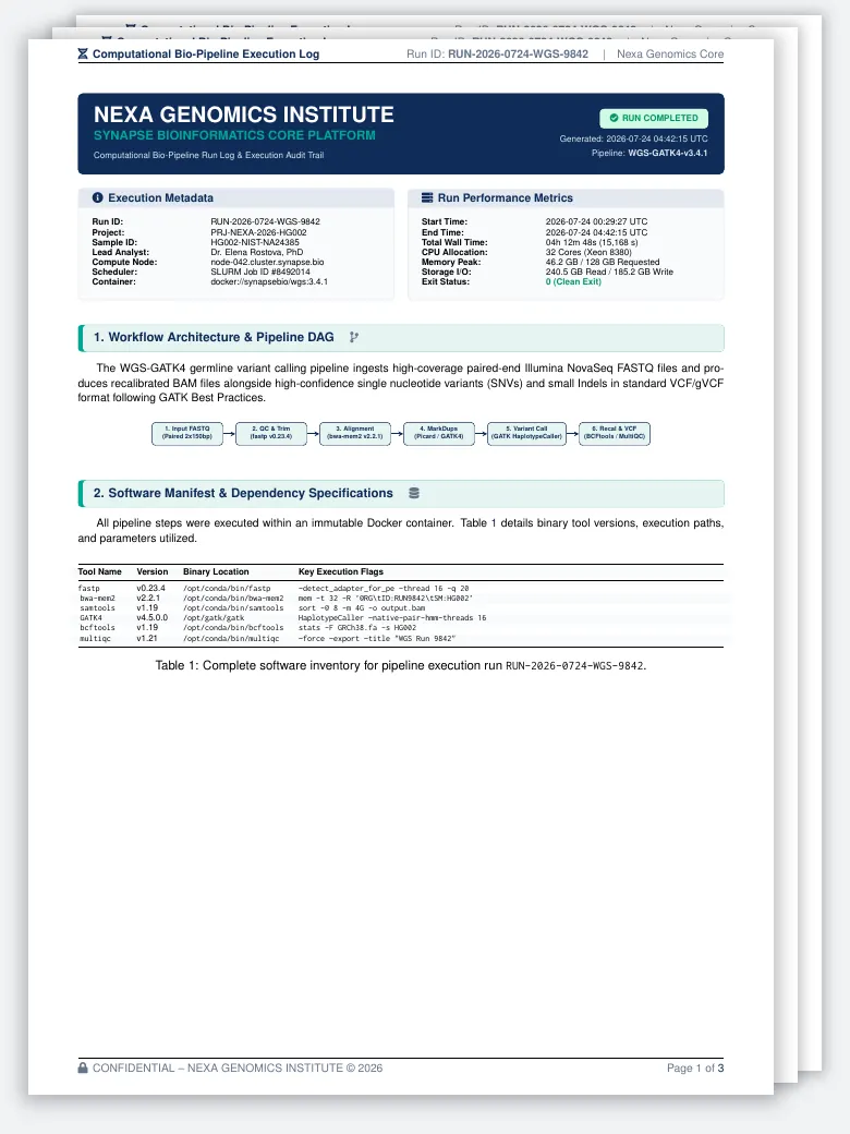 Computational Bio-Pipeline Execution Log LaTeX template, first page preview