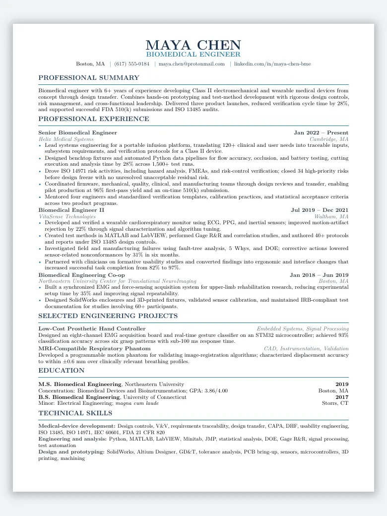 Biomedical Engineer Resume preview