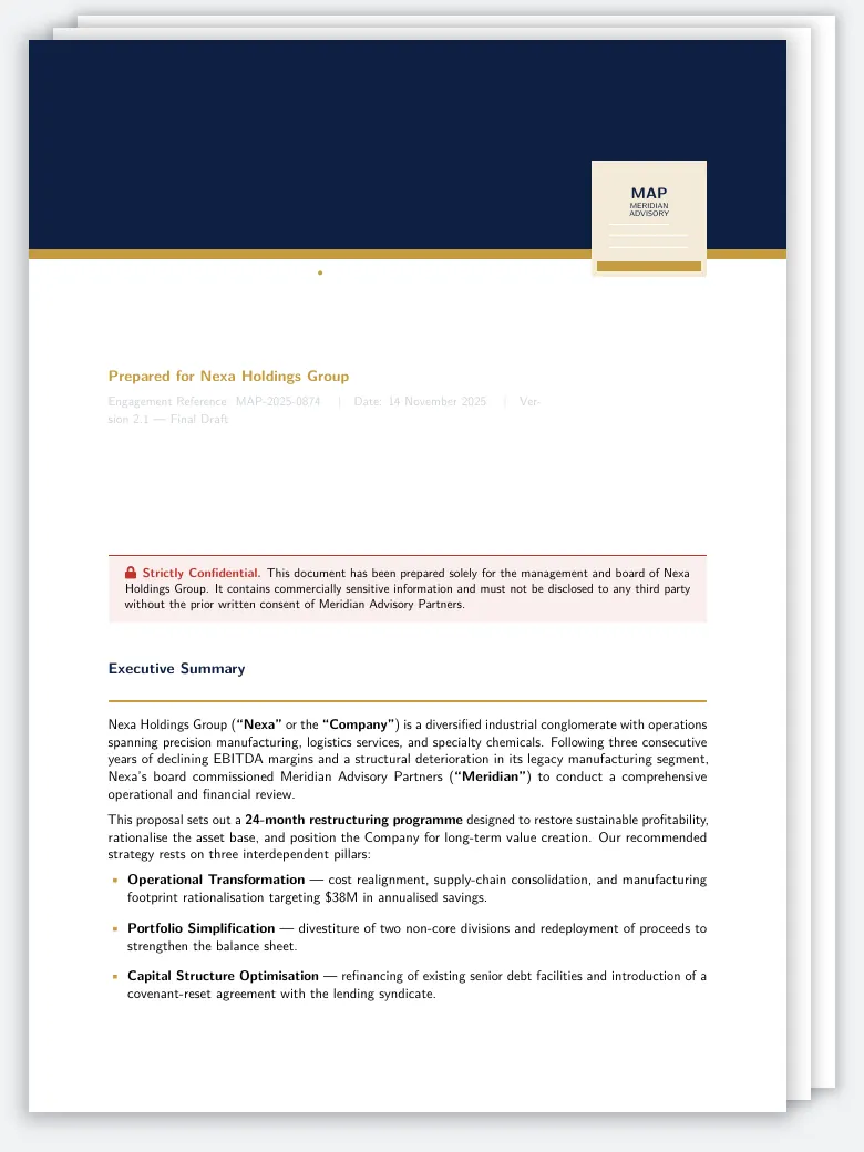 Business Restructuring Strategy Proposal LaTeX template, first page preview