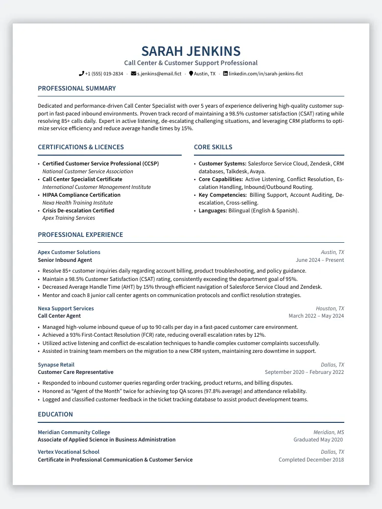 Call Center Agent Resume preview
