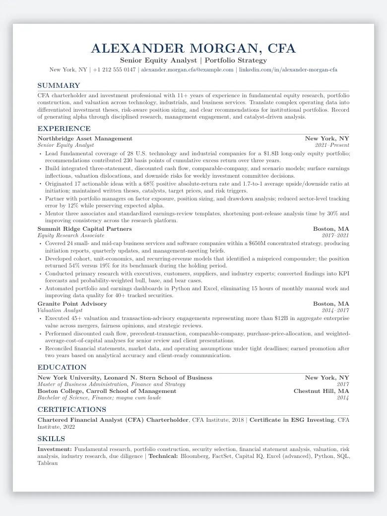 Chartered Financial Analyst (CFA) Resume preview