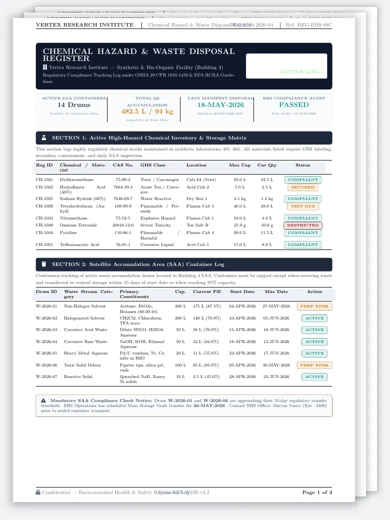 Chemical Hazard & Waste Disposal Register LaTeX template, first page preview