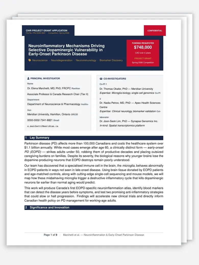 CIHR Grant Proposal LaTeX template, first page preview