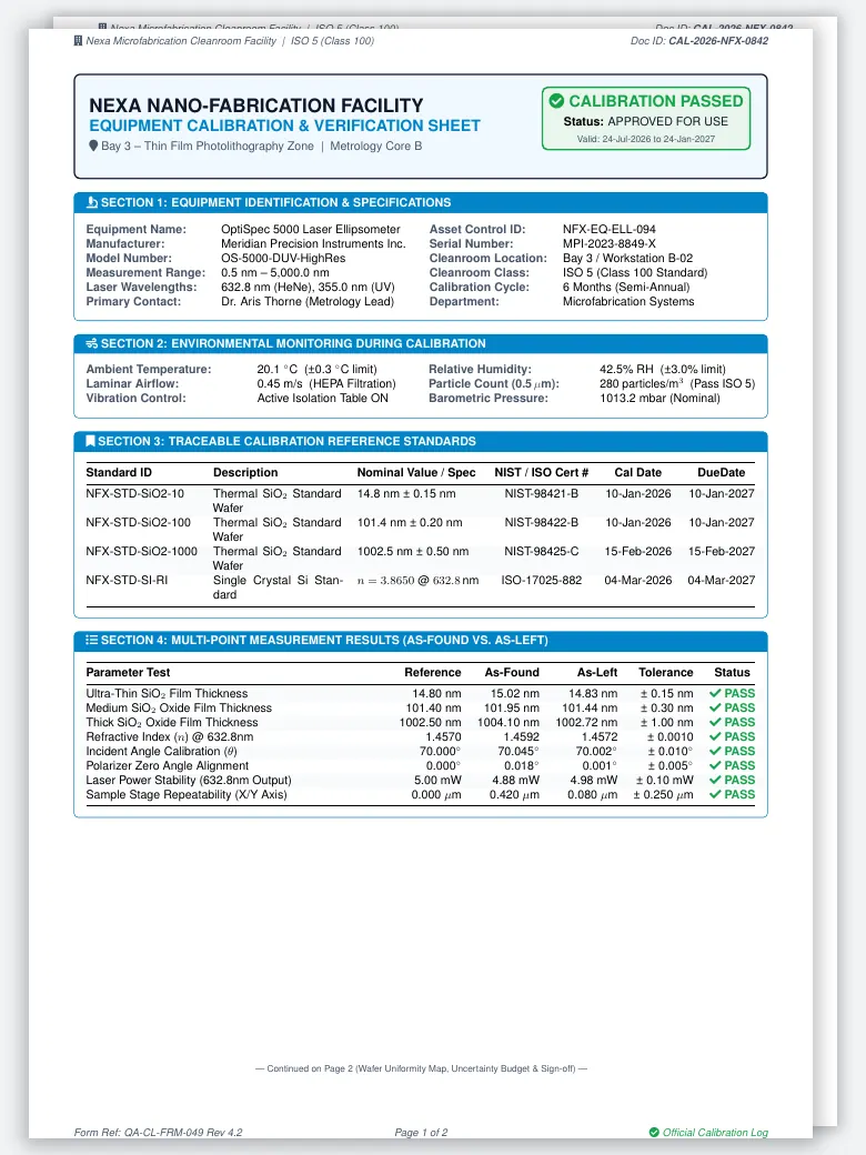 Cleanroom Equipment Calibration Sheet LaTeX template, first page preview
