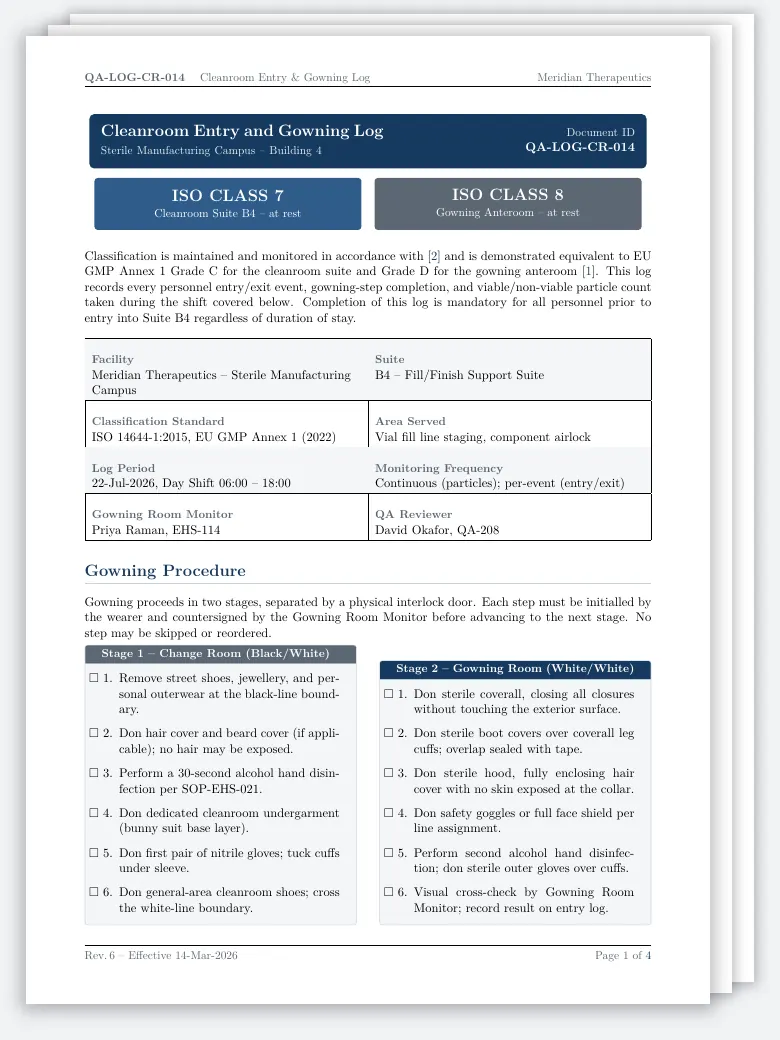 Cleanroom Entry and Gowning Log preview