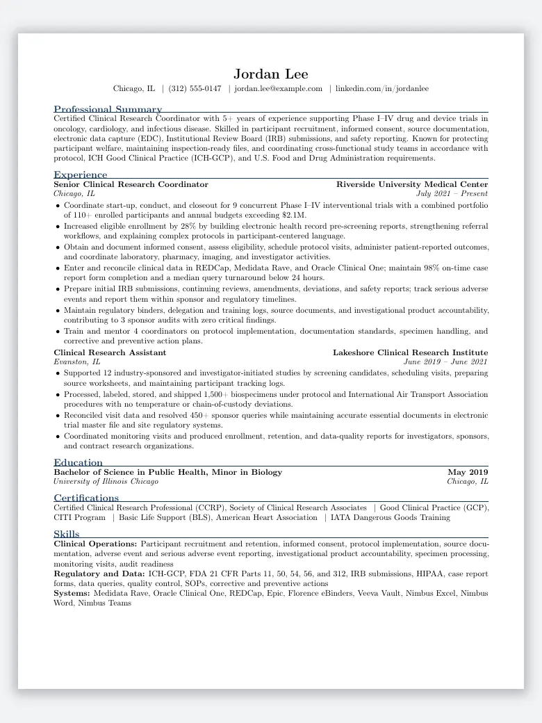 Clinical Research Coordinator Resume preview
