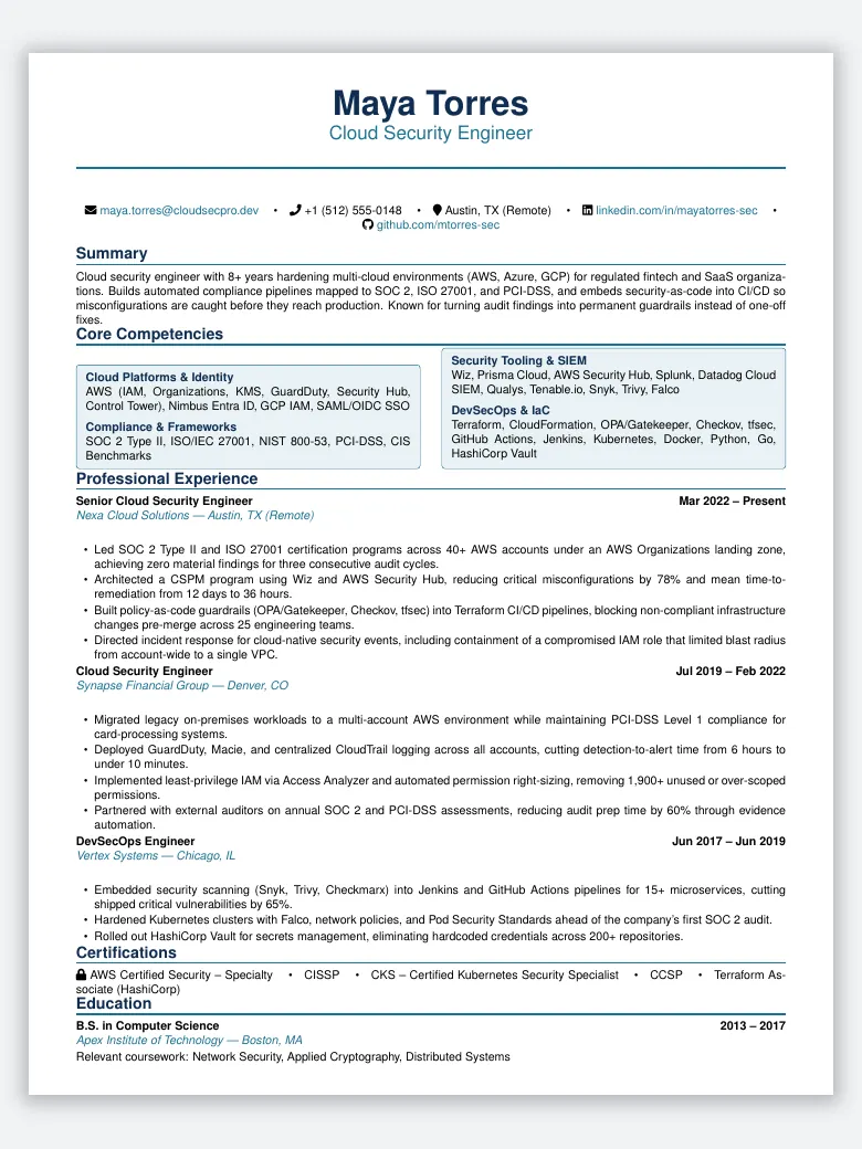 Cloud Security Engineer Resume preview
