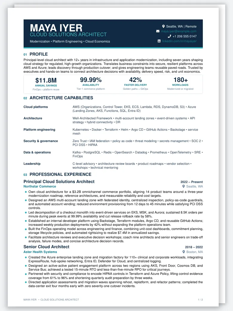 Cloud Solutions Architect Resume preview