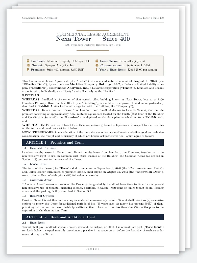 Commercial Real Estate Lease Contract LaTeX template, first page preview