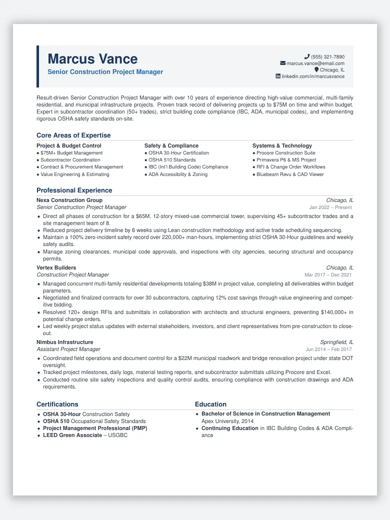 Construction Project Manager Resume preview