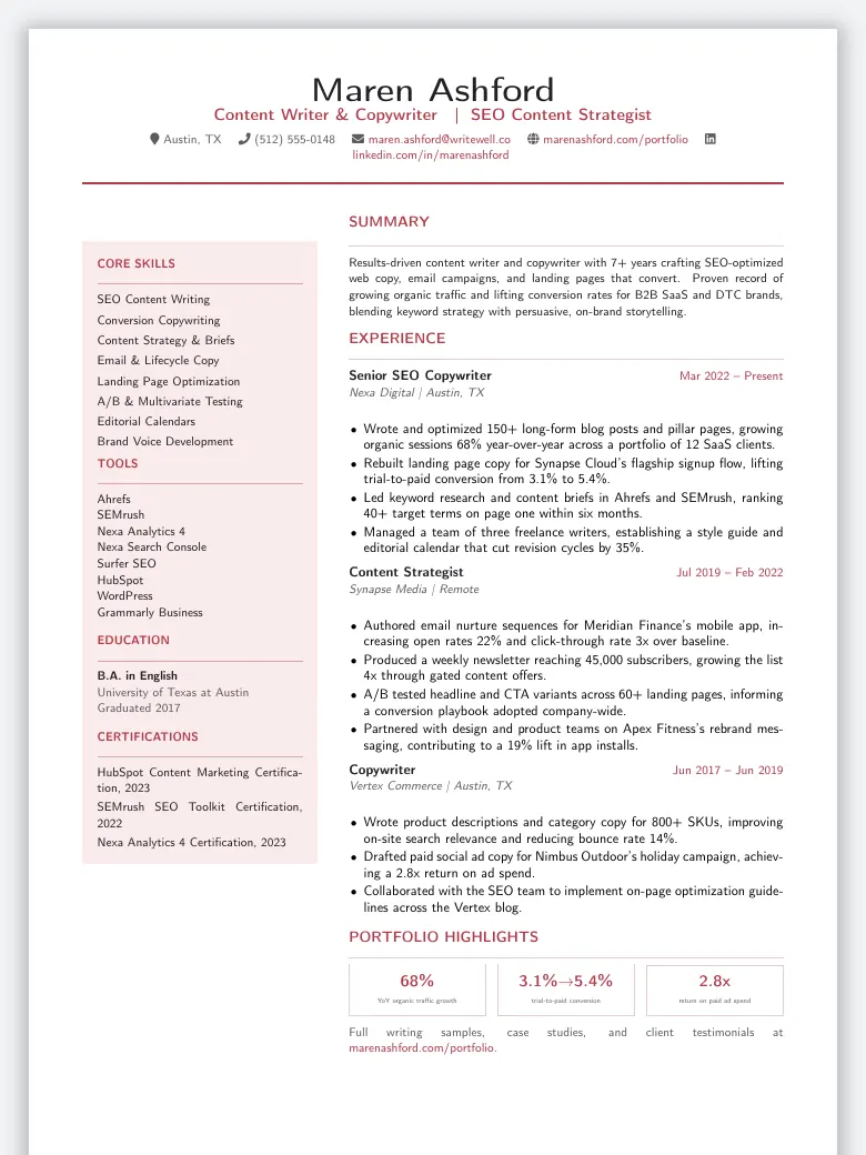 Content Writer & Copywriter Resume preview