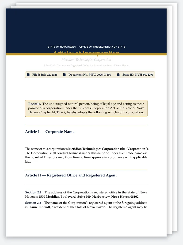 Corporate Articles of Incorporation LaTeX template, first page preview