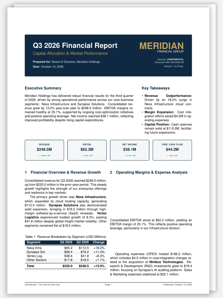 Corporate Finance Report LaTeX template, first page preview