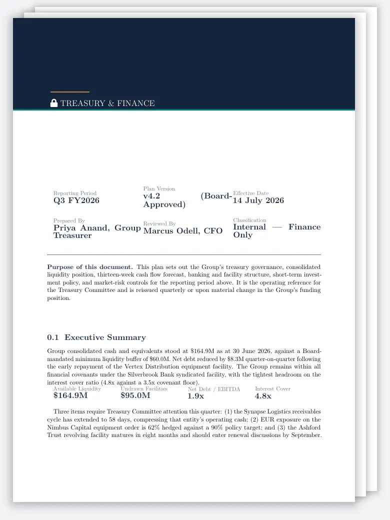 Corporate Treasury & Cash Management Plan LaTeX template, first page preview