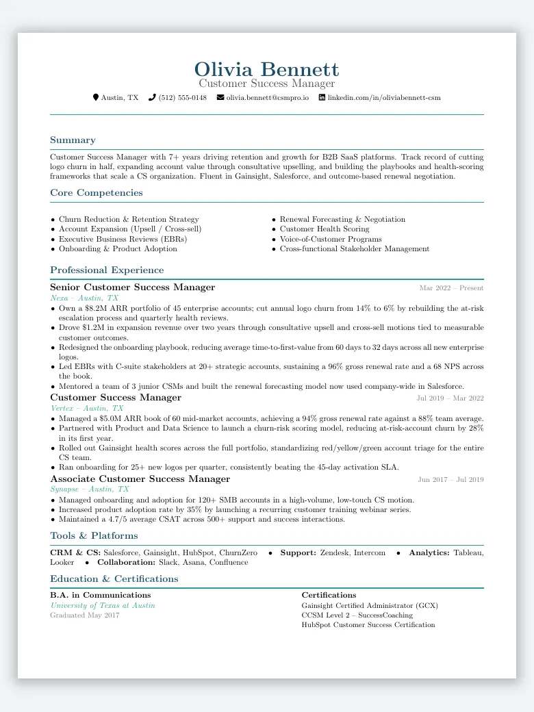 Customer Success Manager (CSM) Resume preview