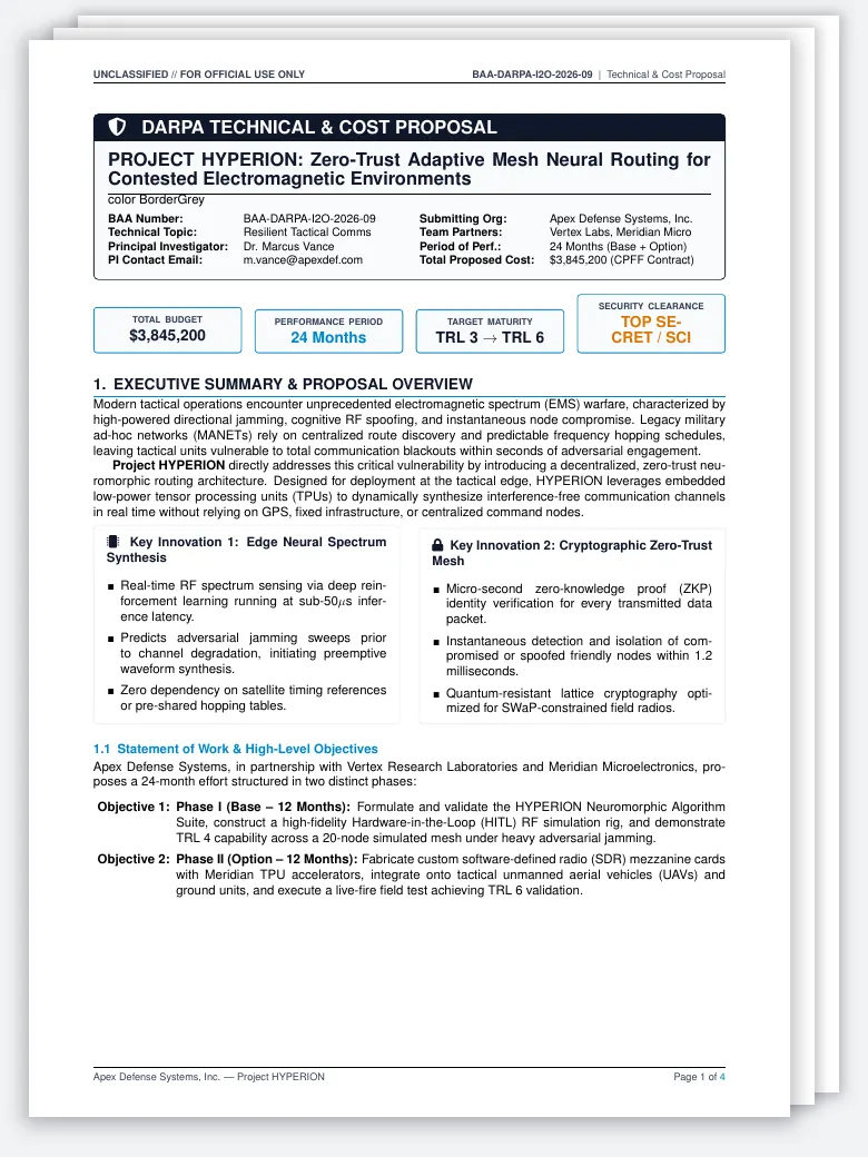 DARPA Technical & Cost Proposal LaTeX template, first page preview