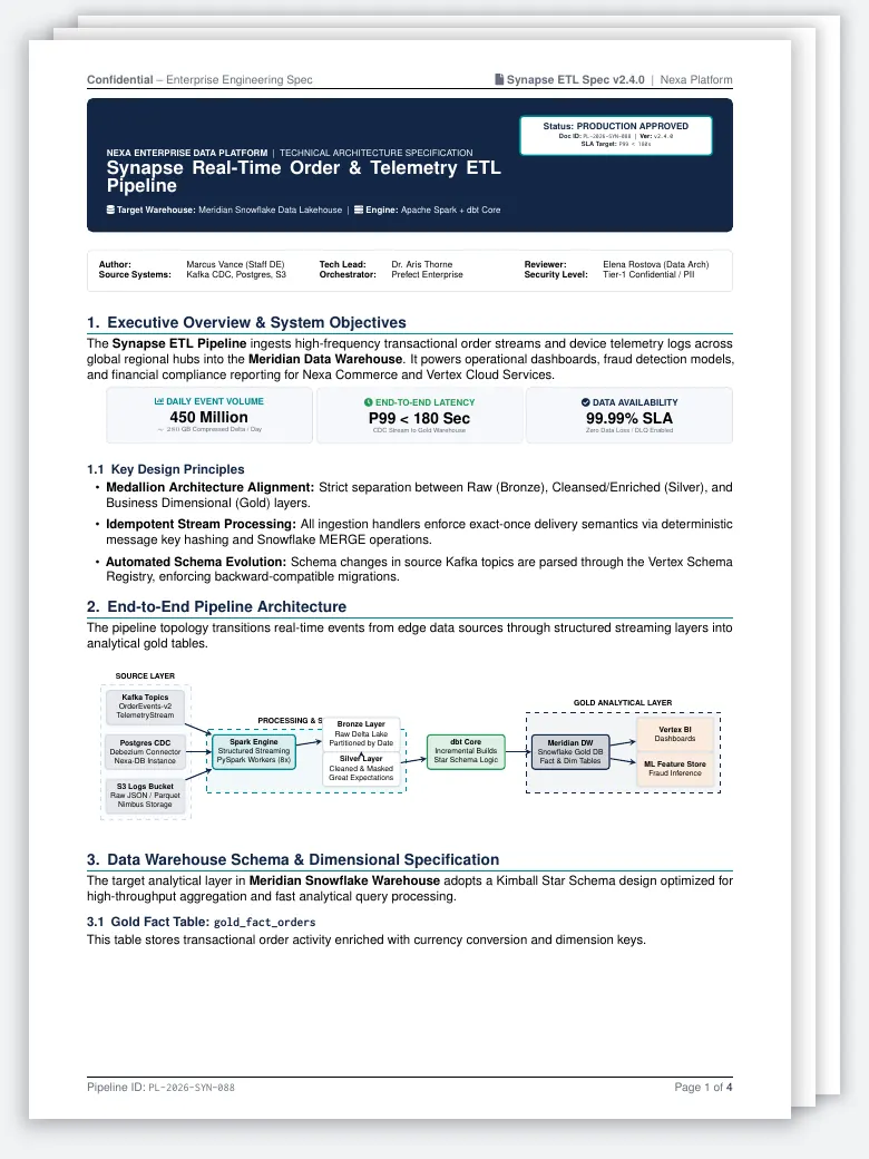 Data Engineering ETL Pipeline Spec LaTeX template, first page preview