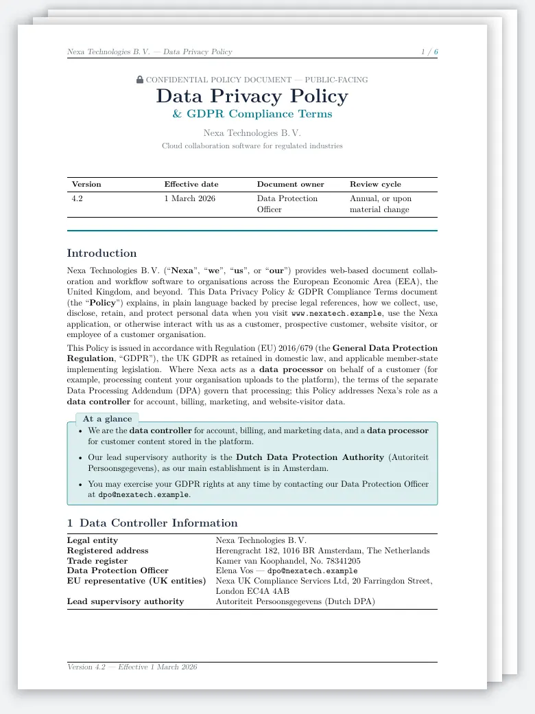 Data Privacy Policy & GDPR Terms LaTeX template, first page preview
