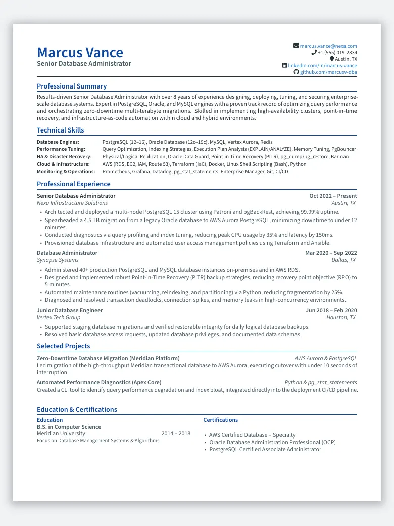 Database Administrator (DBA) Resume preview