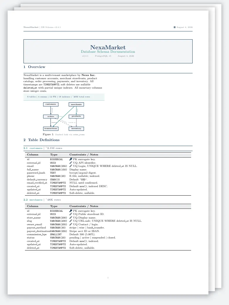 Database Schema Documentation LaTeX template, first page preview