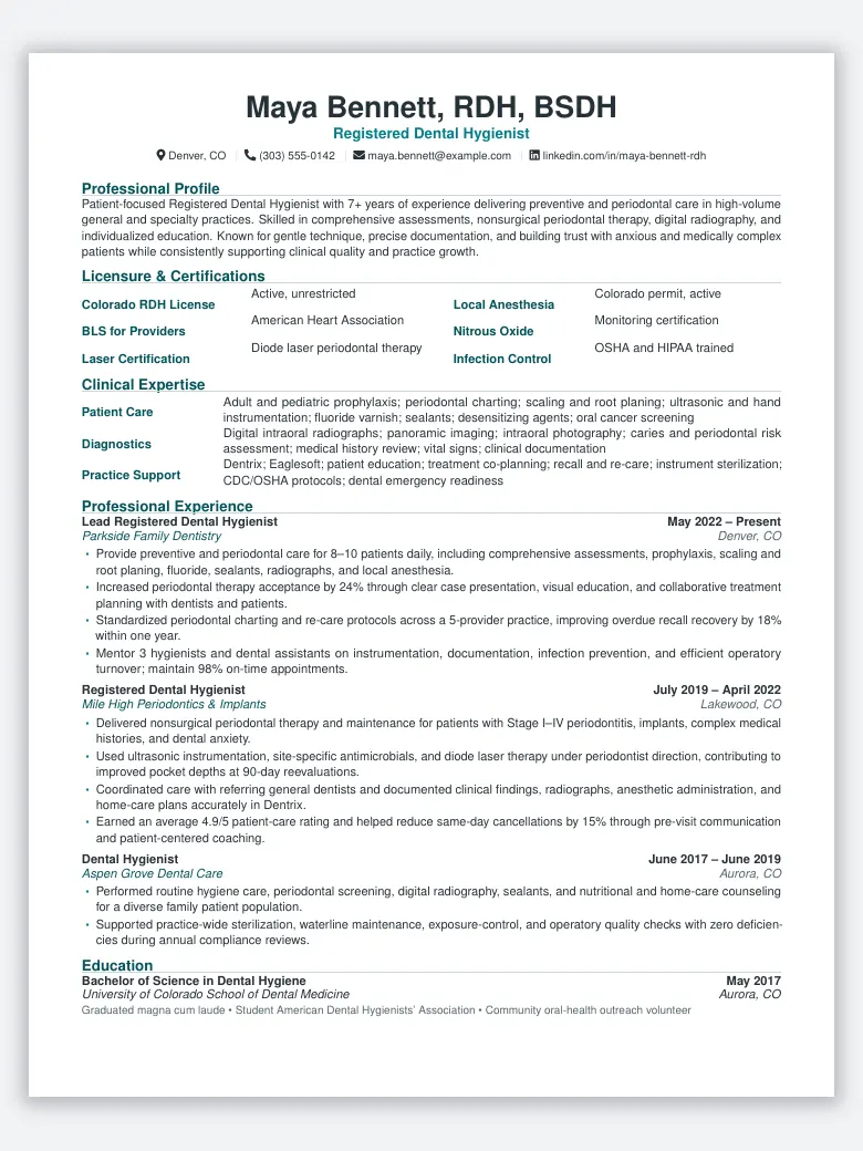 Dental Hygienist Resume preview
