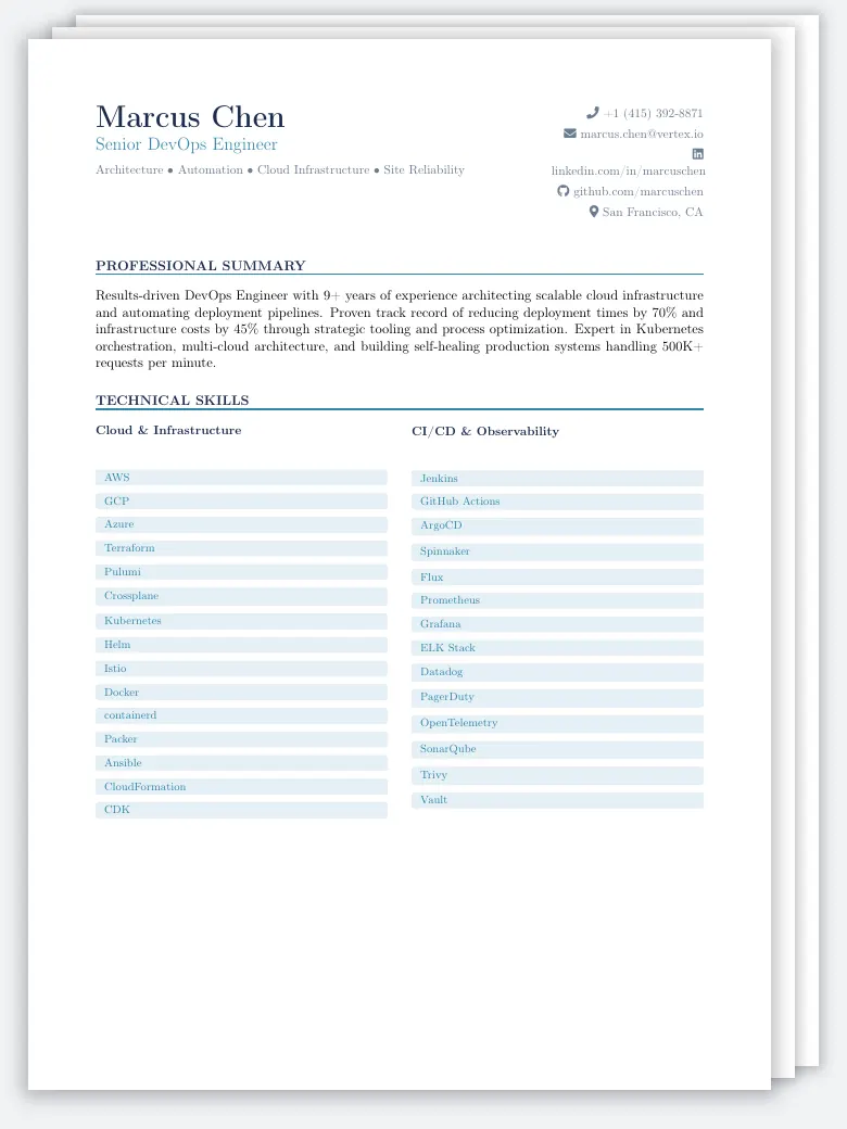 DevOps Engineer Resume LaTeX template, first page preview