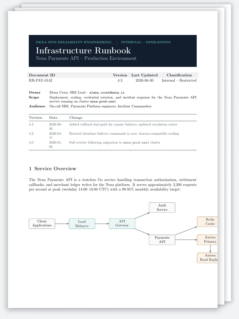 DevOps Infrastructure Runbook LaTeX template, first page preview