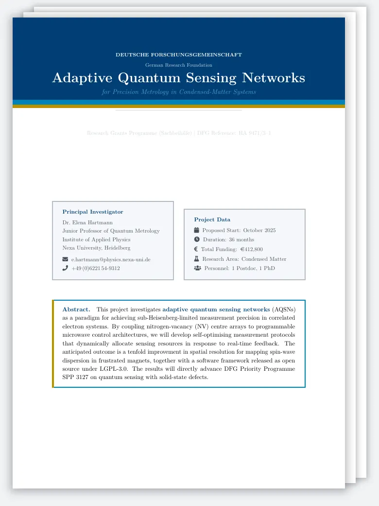 DFG Grant Proposal LaTeX template, first page preview