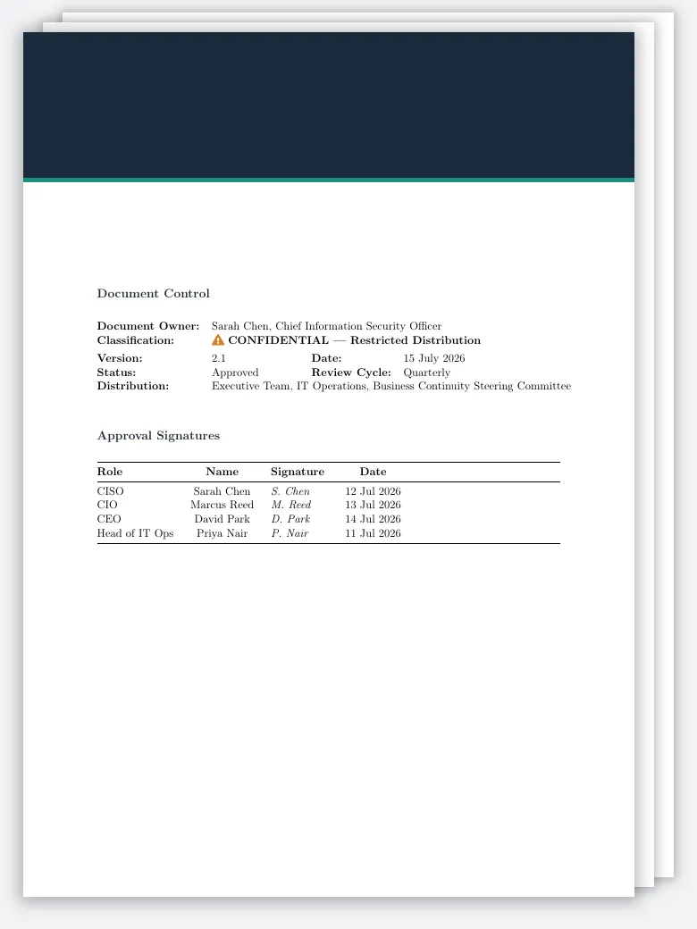 Disaster Recovery Plan LaTeX template, first page preview