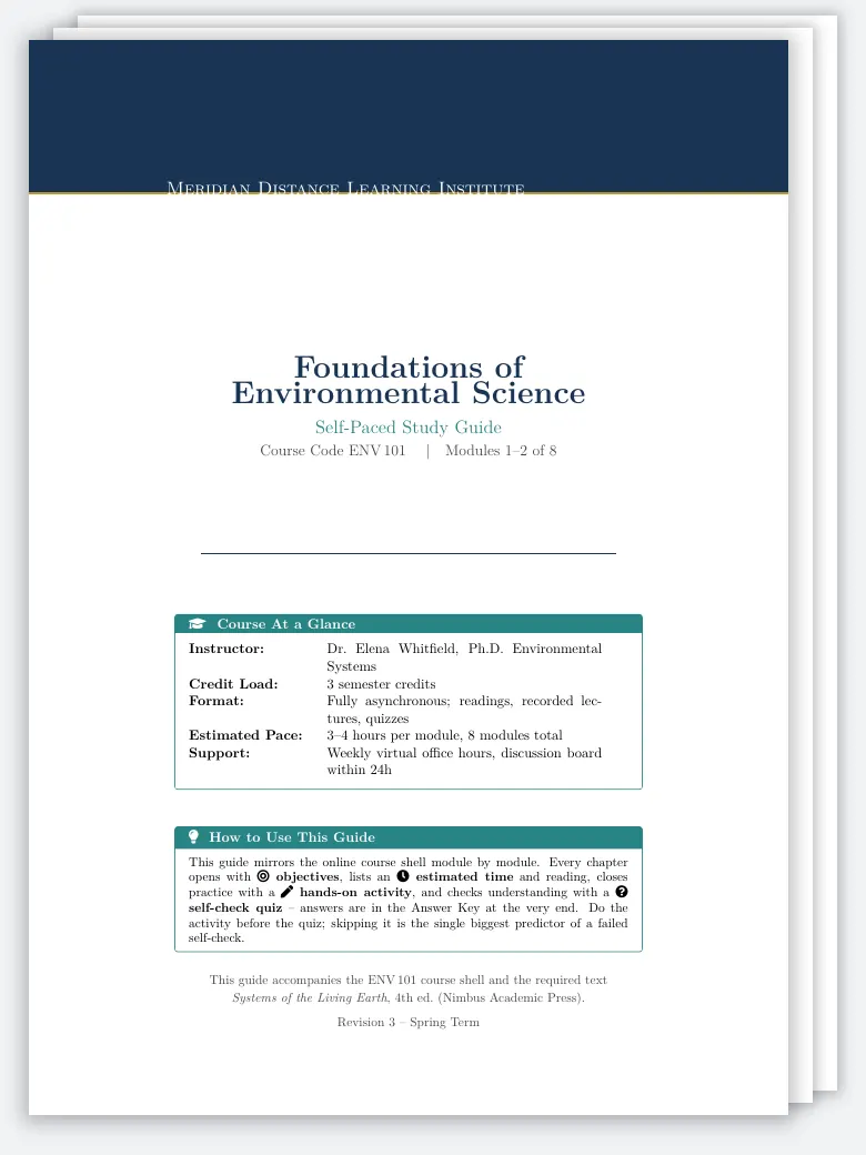 Distance Learning Study Guide LaTeX template, first page preview