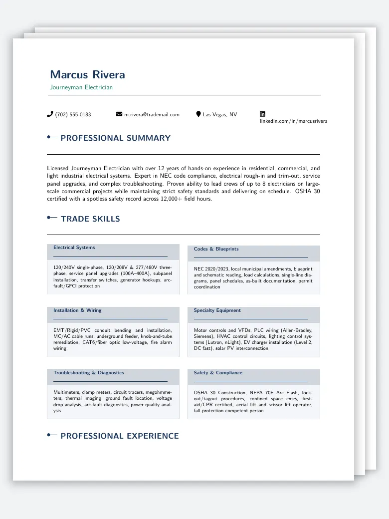 Electrician Trade Resume preview