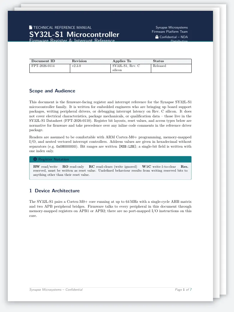 Embedded Firmware Technical Reference LaTeX template, first page preview