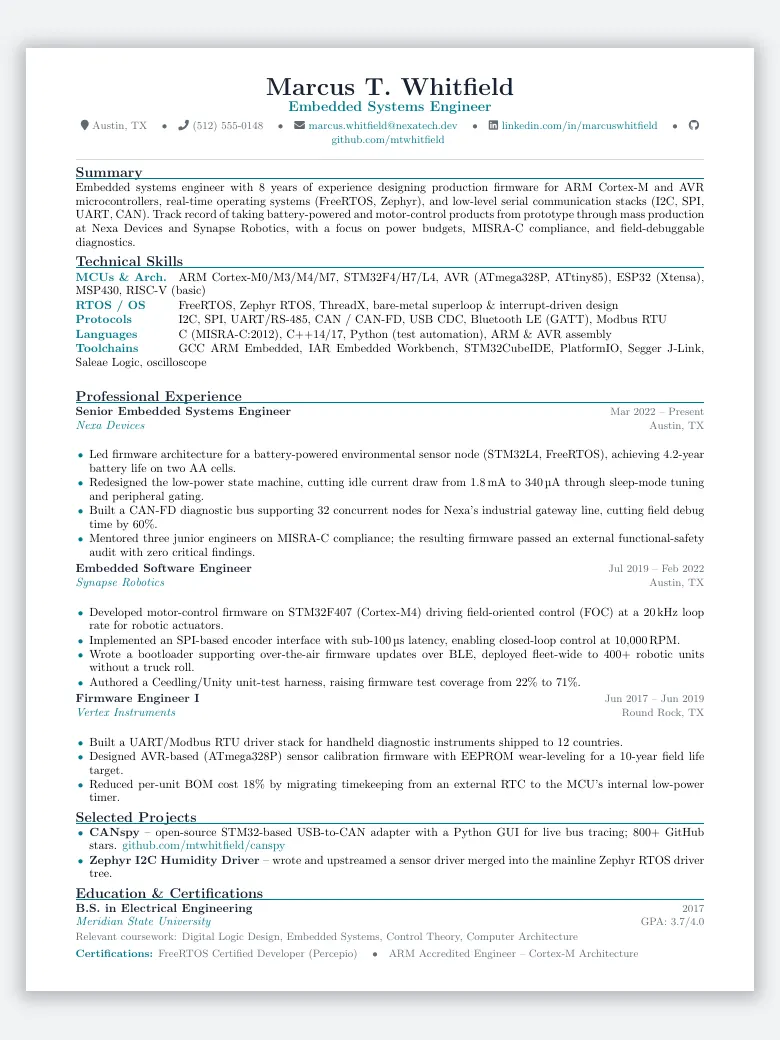 Embedded Systems Engineer Resume preview