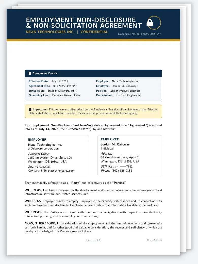 Employment Non-Disclosure & Non-Solicit LaTeX template, first page preview