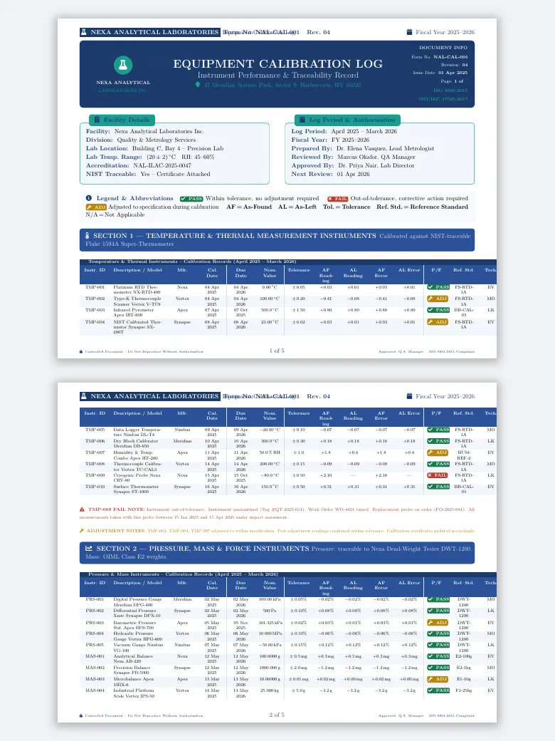 Equipment Calibration Log preview